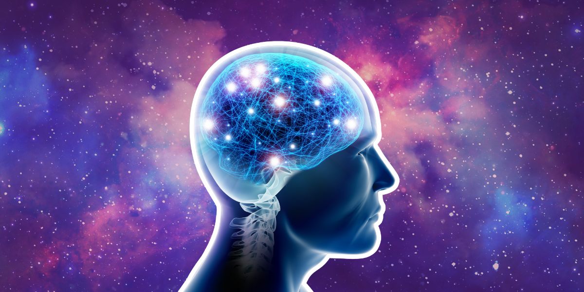 Illustration of a glowing human brain with neural connections, set against a starry cosmic background — symbolizing the connection between consciousness and the universe.