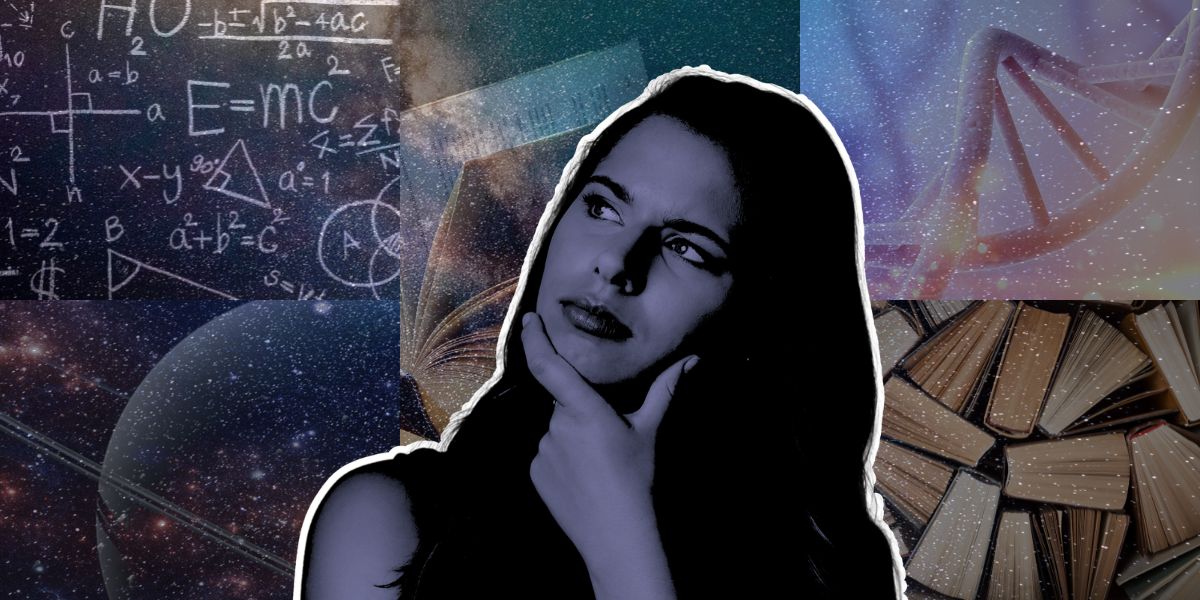 A thoughtful woman surrounded by cosmic imagery, mathematical formulas, DNA strands, and books—symbolizing overthinking, science, and introspection.