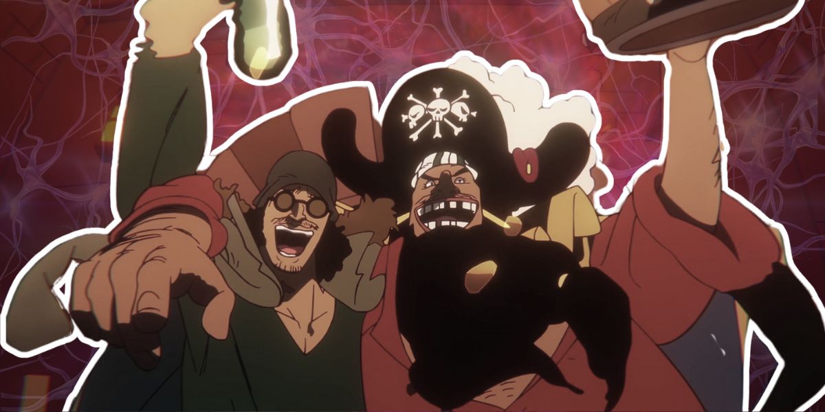 Blackbeard and Aokiji from One Piece celebrating together, symbolizing the series’ moral ambiguity and complex philosophy.