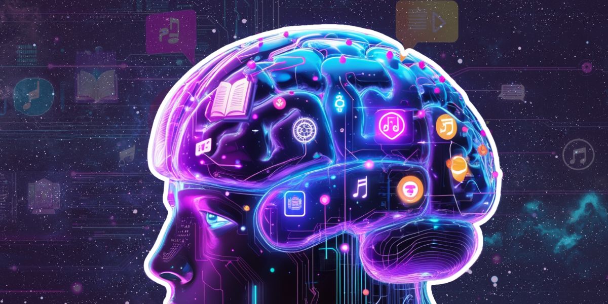 A stylized AI brain receiving various inputs like books, music, and data in a cosmic digital space representing mental programming through curated content.