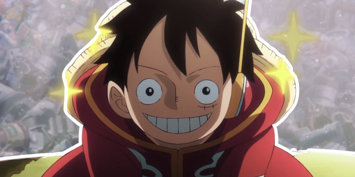 Is One Piece Political? Monkey D. Luffy smiling confidently in his red coat from Egghead Island, standing in front of a glowing crowd, symbolizing his independent spirit and charisma.