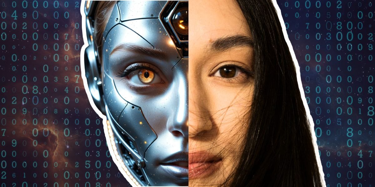 Visual comparison of a human and artificial intelligence face asking whether humans are programmable